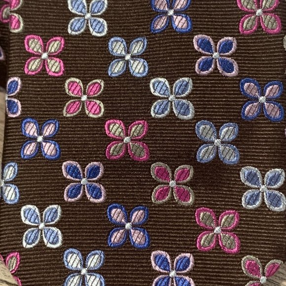 TM LEWIN Brown Blue Pink Floral Silk Neck Tie - Picture 2 of 8